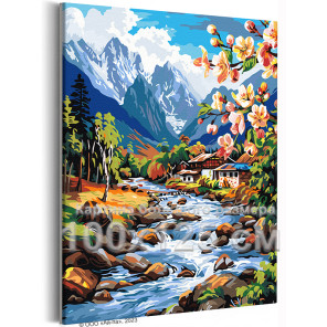 Природа в горах весной Пейзаж Дома Цветущие ветви Река Альпы Интерьерная 100х125 Раскраска картина по номерам на холсте
