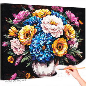  Яркий букет с пионами и хризантемами Цветы Натюрморт Для женщины Для девушки Маме Интерьерная Раскраска картина по номерам на х