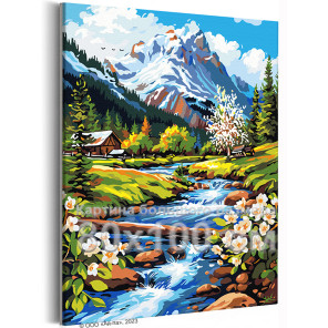 Горная река весной Пейзаж Природа Альпы Цветы Дом Весна Горы Вода 80х100 Раскраска картина по номерам на холсте