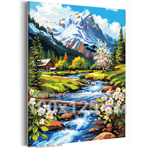 Горная река весной Пейзаж Природа Альпы Цветы Дом Весна Горы Вода 100х125 Раскраска картина по номерам на холсте