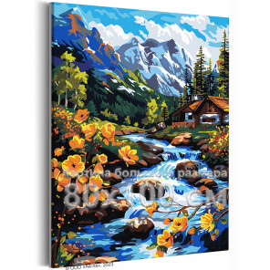 Цветы на берегу горной реки Пейзаж Природа Альпы Дом Весна Горы Вода 80х100 Раскраска картина по номерам на холсте