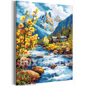 Дом на берегу горной реки Пейзаж Природа Альпы Цветы Весна Горы Вода 80х100 Раскраска картина по номерам на холсте