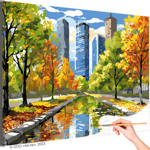  Городской парк осенью Пейзаж Природа Дома Деревья Яркая Небольшая Времена года Раскраска картина по номерам на холсте AAAA-ST03