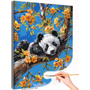  Панда на цветущем дереве Животные Весна Природа Цветы Раскраска картина по номерам на холсте AAAA-NK684