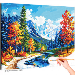  Осенняя река и высокие горы Пейзаж Природа Осень Деревья Вода Альпы Времена года Яркая Раскраска картина по номерам на холсте A