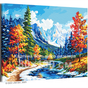 Осенняя река и высокие горы Пейзаж Природа Осень Деревья Вода Альпы Времена года Яркая 80х100 Раскраска картина по номерам на хо