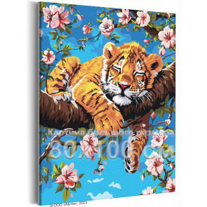 Тигренок на цветущей ветке Животные Тигр Весна Цветы Дерево Ветви 80х100 Раскраска картина по номерам на холсте