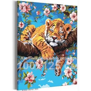 Тигренок на цветущей ветке Животные Тигр Весна Цветы Дерево Ветви 100х125 Раскраска картина по номерам на холсте