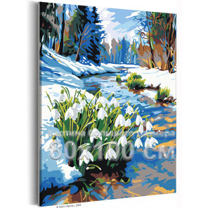 Подснежники у лесной реки Природа Пейзаж Весна Цветы Интерьерная 80х100 Раскраска картина по номерам на холсте