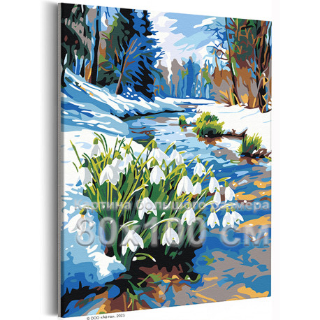 Подснежники у лесной реки Природа Пейзаж Весна Цветы Интерьерная 80х100 Раскраска картина по номерам на холсте