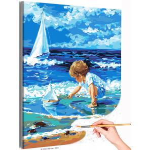  Ребенок на берегу моря Люди Дети Мальчик Малыш Корабль Парусник Морской пейзаж Лето Раскраска картина по номерам на холсте AAAA