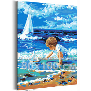 Ребенок на берегу моря Люди Дети Мальчик Малыш Корабль Парусник Морской пейзаж Лето 80х100 Раскраска картина по номерам на холст