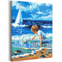 Ребенок на берегу моря Люди Дети Мальчик Малыш Корабль Парусник Морской пейзаж Лето 80х100 Раскраска картина по номерам на холсте