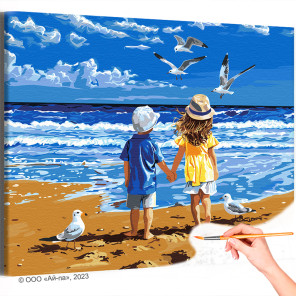  Мальчик с девочкой на берегу моря Дети Ребенок Малыш Сестра Брат Океан Морской пейзаж Пляж Лето Птицы Раскраска картина по номе