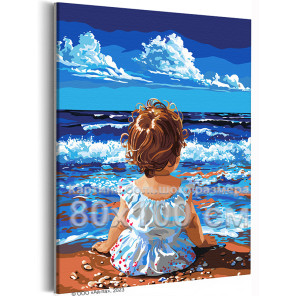Малышка на берегу моря Дети Ребенок Девочка Дочка Океан Морской пейзаж Пляж Лето 80х100 Раскраска картина по номерам на холсте