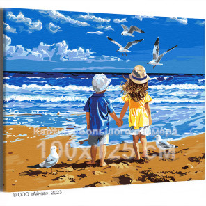 Мальчик с девочкой на берегу моря Дети Ребенок Малыш Сестра Брат Океан Морской пейзаж Пляж Лето Птицы 100х125 Раскраска картина 