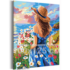 Девушка с цветами на берегу моря Люди Женщина Ромашки Лето Романтика Яркая 100х125 Раскраска картина по номерам на холсте с неон