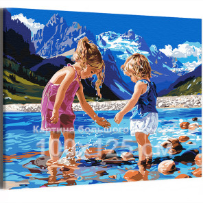 Дети в горах Люди Ребенок Малыш Мальчик Девочка Лето Природа Пейзаж Альпы 100х125 Раскраска картина по номерам на холсте