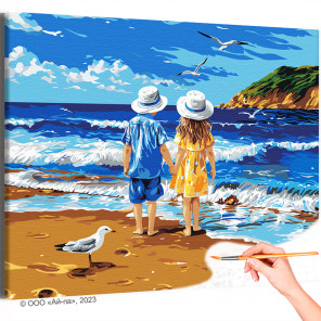  Дети и птицы на берегу моря Люди Ребенок Мальчик и девочка Морской пейзаж Море Лето Раскраска картина по номерам на холсте AAAA