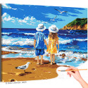 Дети и птицы на берегу моря Люди Ребенок Мальчик и девочка Морской пейзаж Море Лето Раскраска картина по номерам на холсте