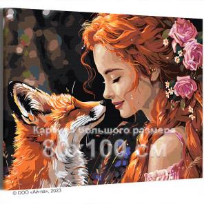 Портрет девушки с розами и лисой Люди Тотем Животные Лисичка Рыжая Женщина 80х100 Раскраска картина по номерам на холсте