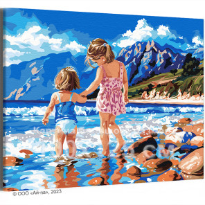Морской пейзаж с детьми Дети Девочки Сестры Ребенок Природа Море Пляж Горы Лето 100х125 Раскраска картина по номерам на холсте