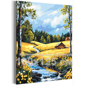 Пейзаж с домами и желтыми цветами Природа Деревня Лес Лето Река Вода 100х125 Раскраска картина по номерам на холсте