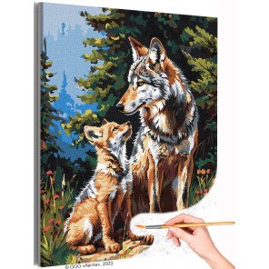 1 Волк и волчонок в лесу Животные Хищники Семья Волчица Малыш Мама Раскраска картина по номерам на холсте