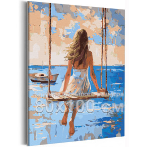 Девушка на качелях и лодка Море Люди Женщина Пляж Океан Лето Романтика Рассвет 80х100 Раскраска картина по номерам на холсте