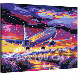 Самолет над морем и городские огни Яркая Закат Небо Пейзаж Океан 80х100 Раскраска картина по номерам на холсте