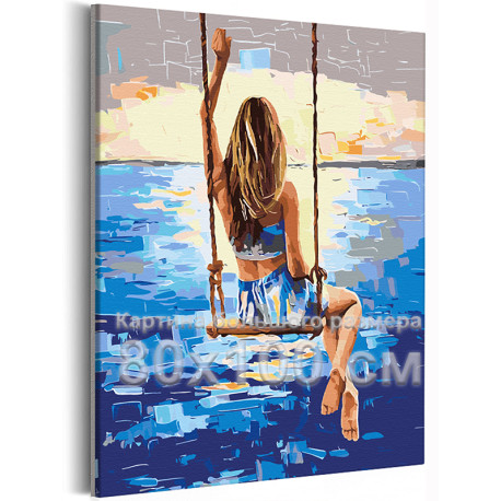 Девушка на качелях у моря Люди Женщина Пляж Океан Лето Романтика Рассвет 80х100 Раскраска картина по номерам на холсте