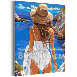 Девушка в шляпе у моря Люди Женщина Пляж Океан Лето Романтика Италия 80х100 Раскраска картина по номерам на холсте