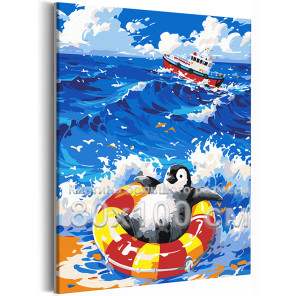 Пингвин на фоне корабля Животные Море Океан Пляж Для детей Детская Яркая 80х100 Раскраска картина по номерам на холсте