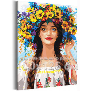 Портрет девушки с летними цветами Люди Женщина Лицо Голубые Глаза Яркая 100х125 Раскраска картина по номерам на холсте