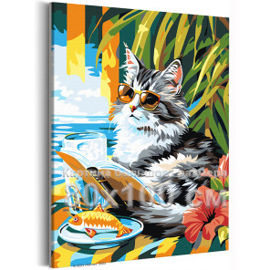 Котик с рыбой на пляже Животные Кошки Котята Мем Море Океан Лето Еда Для кухни 80х100 Раскраска картина по номерам на холсте