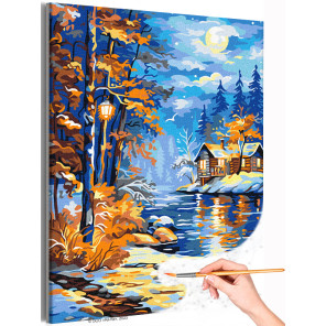 1 Дом у воды в лесу Природа Пейзаж Луна Осень Зима Интерьерная Раскраска картина по номерам на холсте