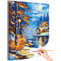 Дом у воды в лесу Природа Пейзаж Луна Осень Зима Интерьерная Раскраска картина по номерам на холсте