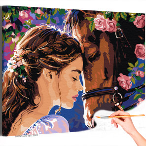 1 Портрет девушки и лошади в цветах Животные Конь Люди Тотем Принцессы Фэнтези Раскраска картина по номерам на холсте