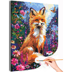1 Портрет лисы в фиолетовых цветах Животные Лисичка Рыжая Яркая Бабочки Лето Раскраска картина по номерам на холсте