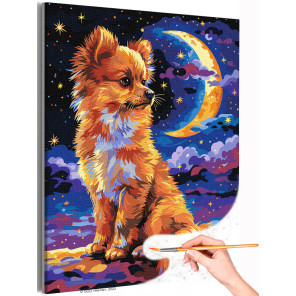 1 Щенок в звездную ночь Животные Собака Чихуахуа Луна Природа Фэнтези Раскраска картина по номерам на холсте