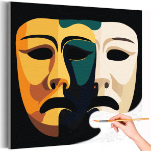 1 Две театральные маски Пара Минимализм Стильная Легкая Лицо 40х40 Раскраска картина по номерам на холсте