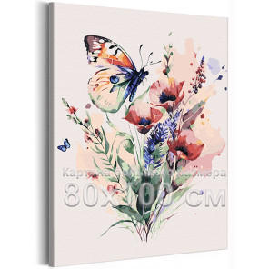 Букет маков и бабочка Природа Цветы Лето Яркая Интерьерная 80х100 Раскраска картина по номерам на холсте