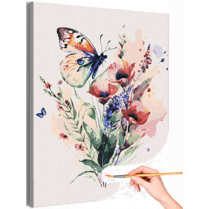 1 Букет маков и бабочка Природа Цветы Лето Яркая Интерьерная Раскраска картина по номерам на холсте
