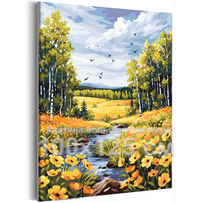 Пейзаж с цветами и березовым лесом Природа Лето Деревья Река Птицы 100х125 Раскраска картина по номерам на холсте