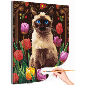 1 Портрет сиамского кота с тюльпанами Животные Котики Кошки Цветы Голубые глаза Раскраска картина по номерам на холсте