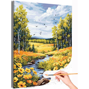 1 Пейзаж с цветами и березовым лесом Природа Лето Деревья Река Птицы Раскраска картина по номерам на холсте