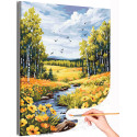 Пейзаж с цветами и березовым лесом Природа Лето Деревья Река Птицы Раскраска картина по номерам на холсте