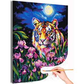 1 Тигр и ирисы в лунную ночь Животные Хищники Цветы Яркая Раскраска картина по номерам на холсте