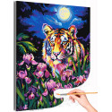 Тигр и ирисы в лунную ночь Животные Хищники Цветы Яркая Раскраска картина по номерам на холсте