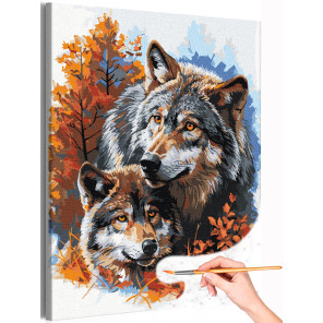 1 Два волка в лесу Животные Хищники Семья Волчица Малыш Мама Осень Раскраска картина по номерам на холсте